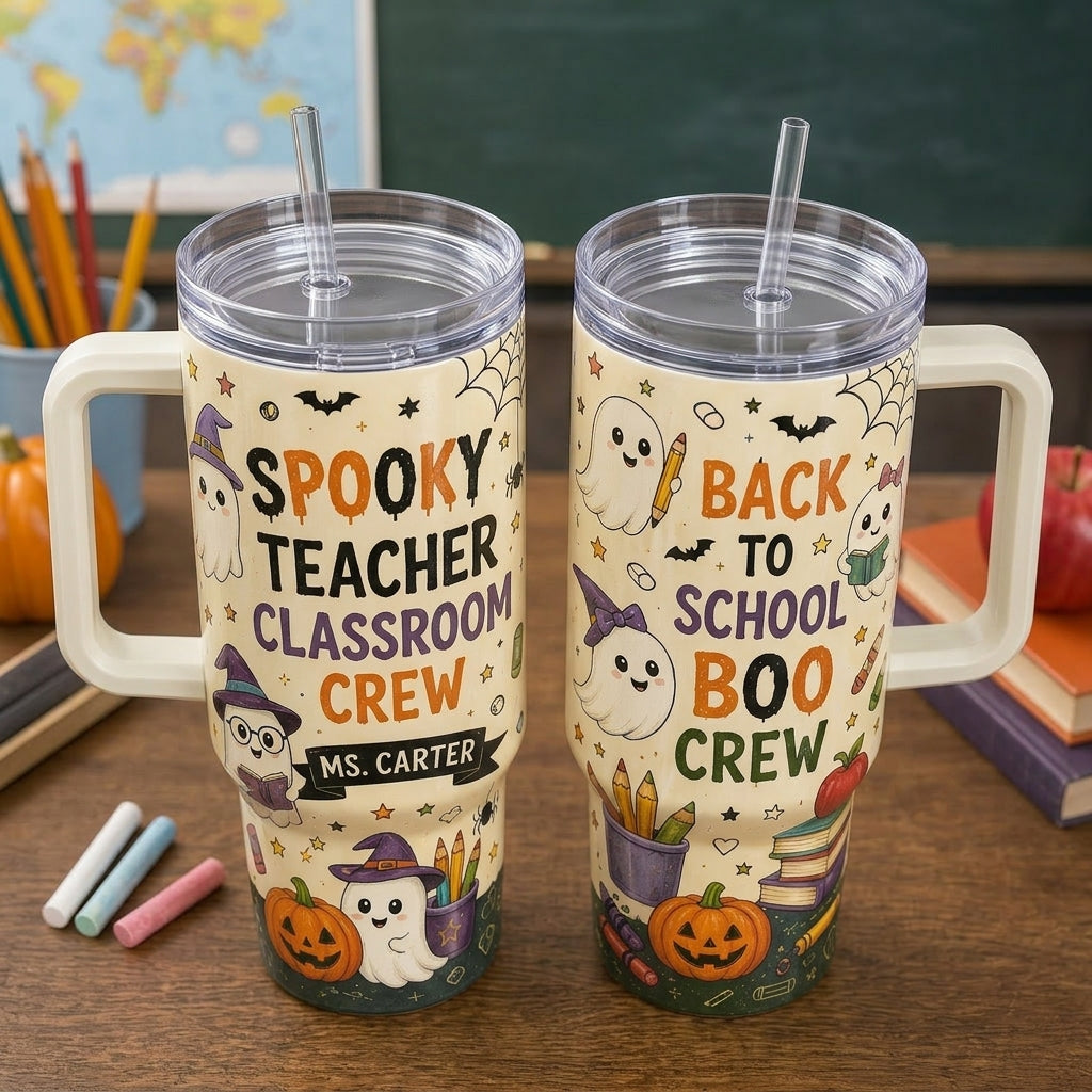 Personalized Spooky Teacher Classroom Crew 40oz Tumbler with Handle, Custom Name Halloween Boo Crew Gift