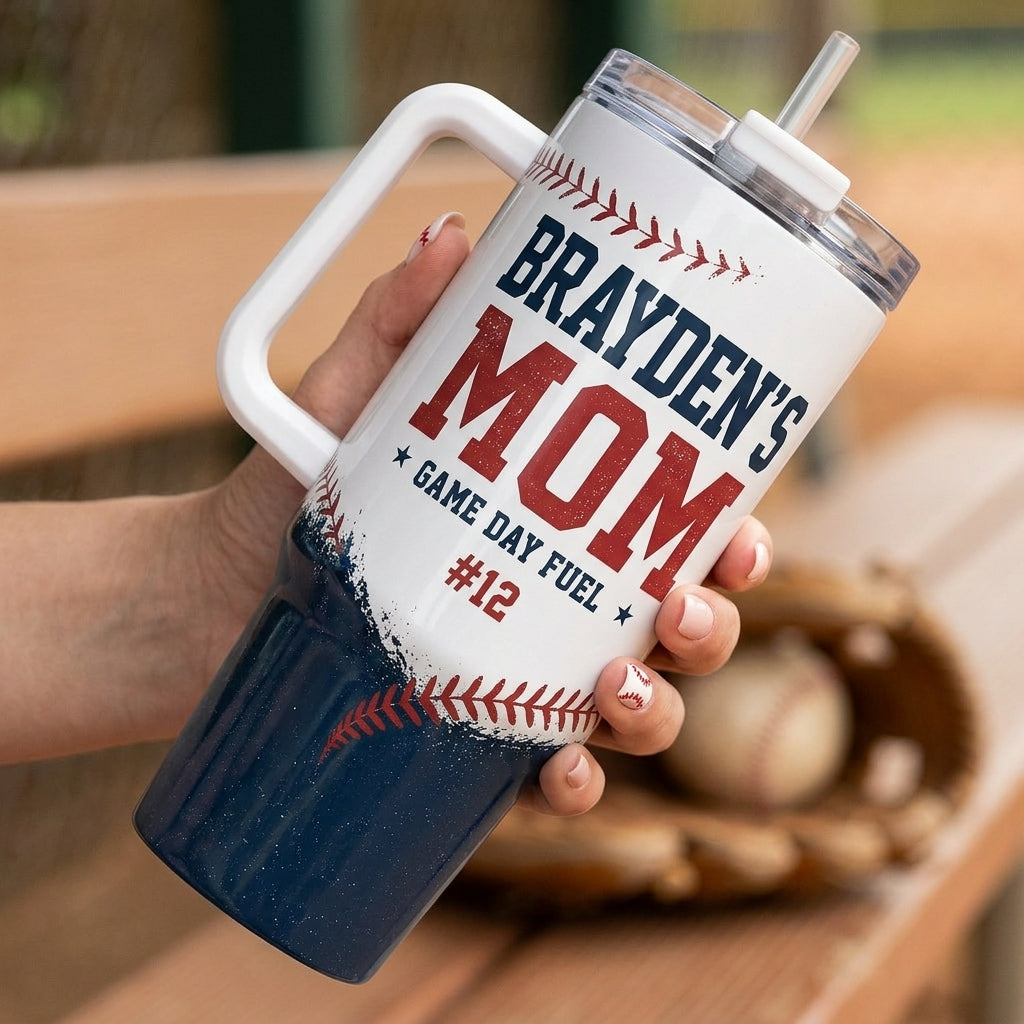 Personalized Baseball Mom 40oz Tumbler with Handle - Custom Name and Number Sports Travel Mug