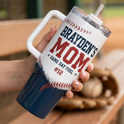 Personalized Baseball Mom 40oz Tumbler with Handle - Custom Name and Number Sports Travel Mug