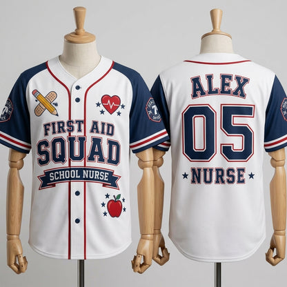 Personalized First Aid Squad School Nurse Baseball Jersey - Custom Name & Number Athletic Shirt for Healthcare Heroes