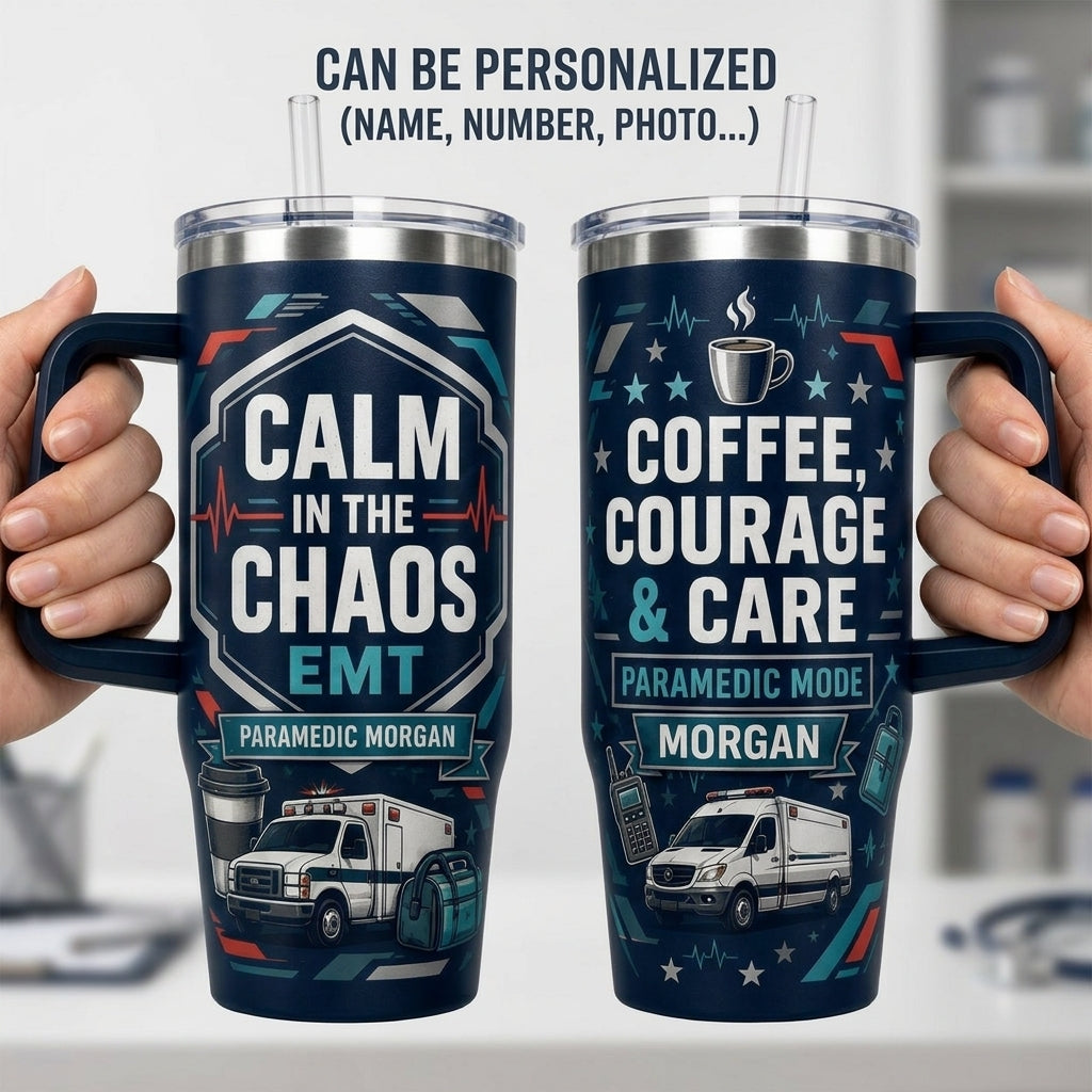 Personalized Paramedic 40oz Tumbler with Handle - Custom Name EMT Gift, Calm in the Chaos First Responder Cup