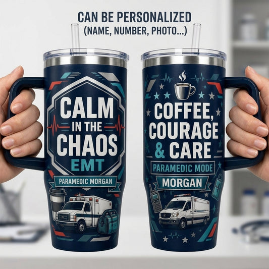 Personalized Paramedic 40oz Tumbler with Handle - Custom Name EMT Gift, Calm in the Chaos First Responder Cup