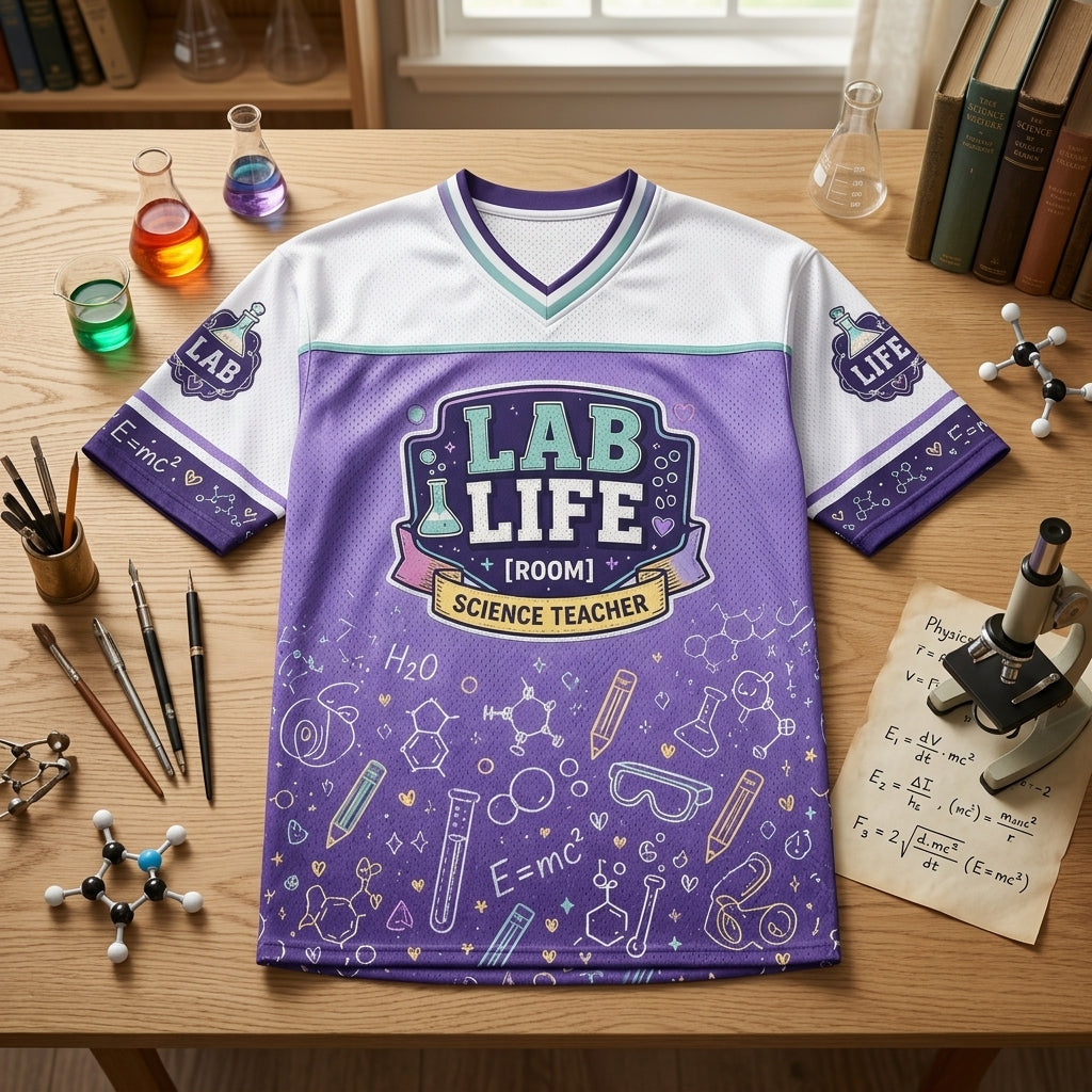 Personalized Science Teacher Lab Life Football Jersey - Custom Name and Room Number Mesh Athletic Shirt