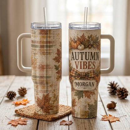 Personalized Autumn Vibes 40oz Tumbler with Handle, Custom Name Fall Leaf & Pumpkin Travel Mug
