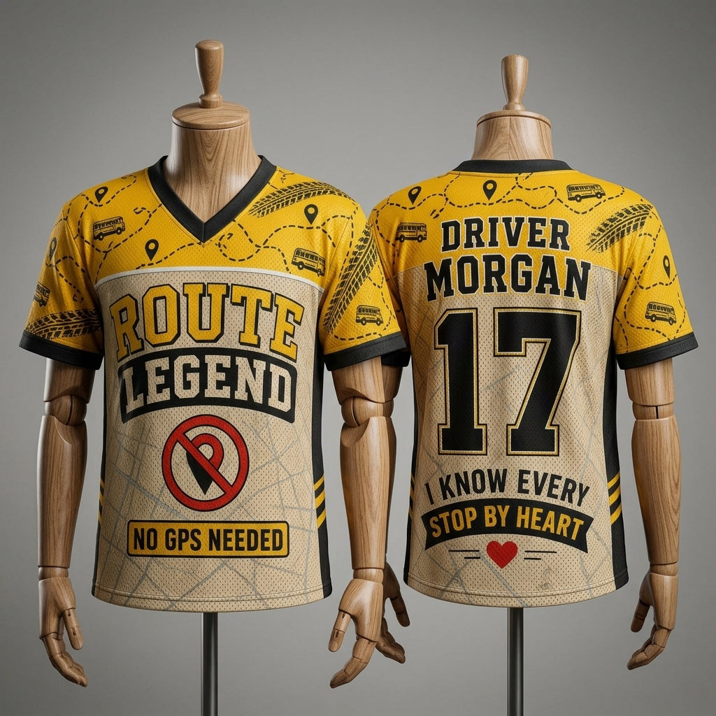 Personalized School Bus Driver Football Jersey - Custom Name & Number Route Legend Mesh Jersey Gift