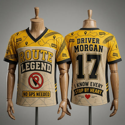 Personalized School Bus Driver Football Jersey - Custom Name & Number Route Legend Mesh Jersey Gift
