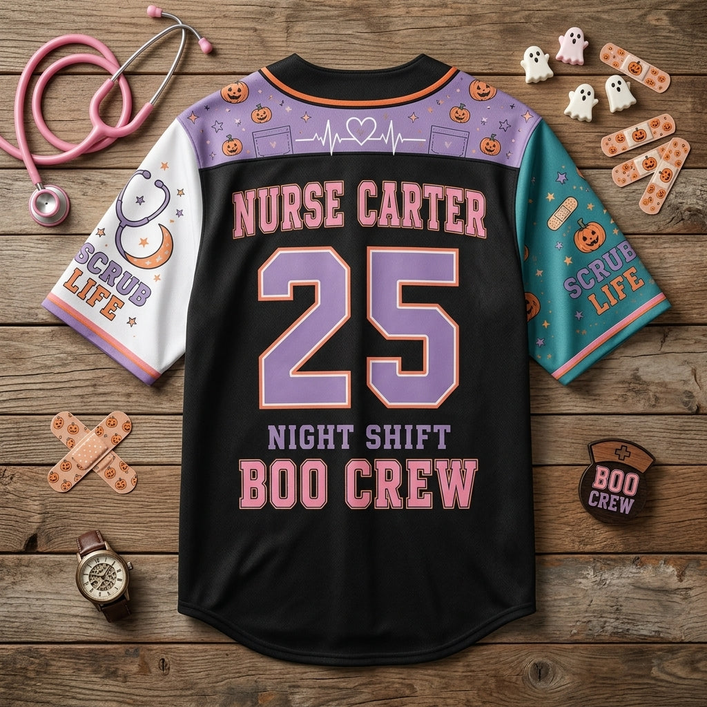 Personalized Nurse Boo Boo Crew Baseball Jersey - Custom Spooky Halloween Scrub Life Night Shift Sportswear