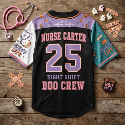 Personalized Nurse Boo Boo Crew Baseball Jersey - Custom Spooky Halloween Scrub Life Night Shift Sportswear