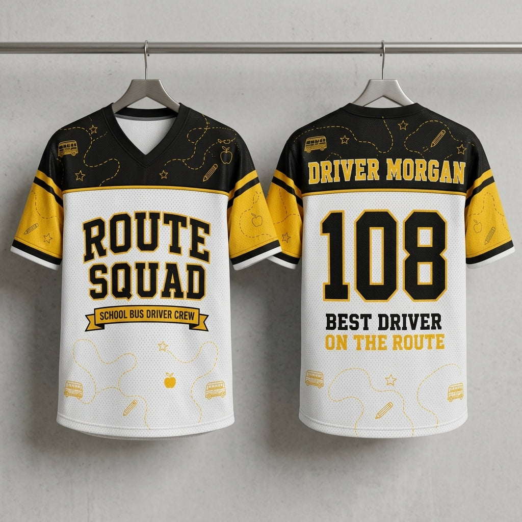 Personalized School Bus Driver Football Jersey - Custom Name & Number Route Squad Mesh Jersey