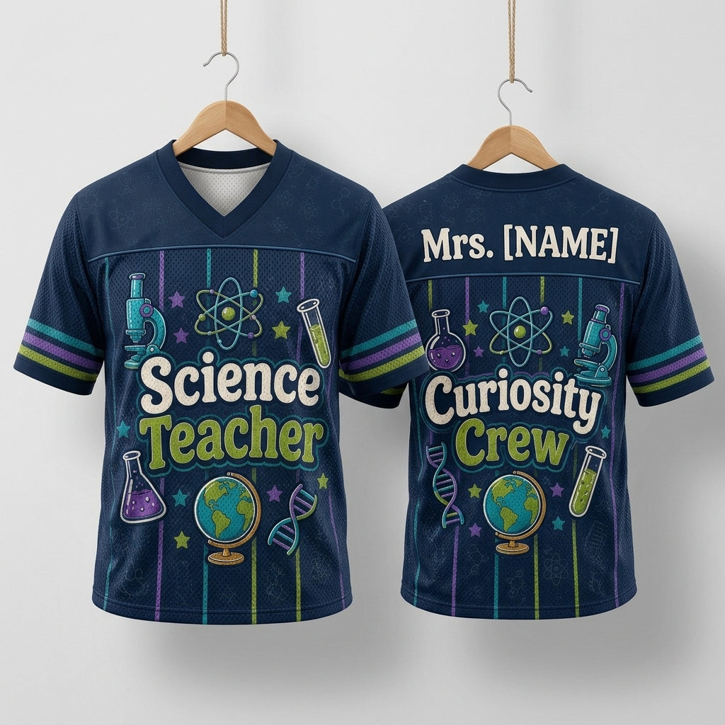 Personalized Science Teacher Football Jersey - Custom Name Curiosity Crew STEM Gift for Educators