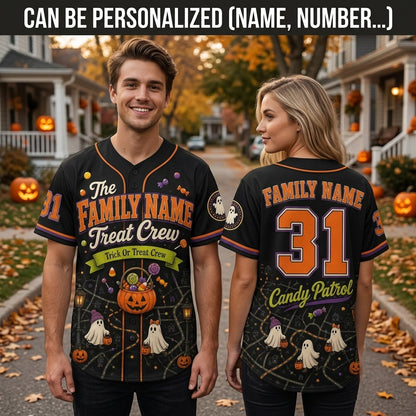 Personalized Halloween Baseball Jersey - Custom Family Name Treat Crew Ghost & Pumpkin Candy Patrol Jersey