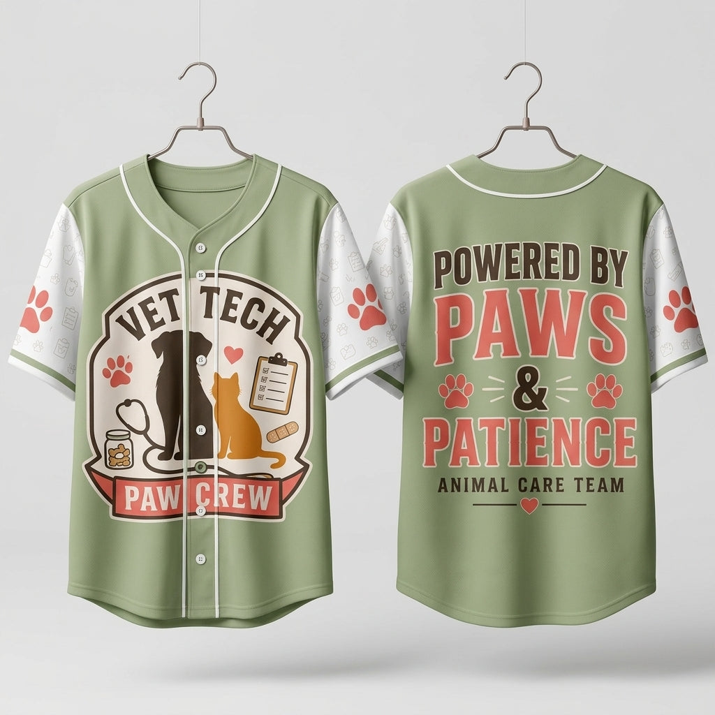 Personalized Vet Tech Paw Crew Baseball Jersey - Animal Care Team Powered by Paws & Patience