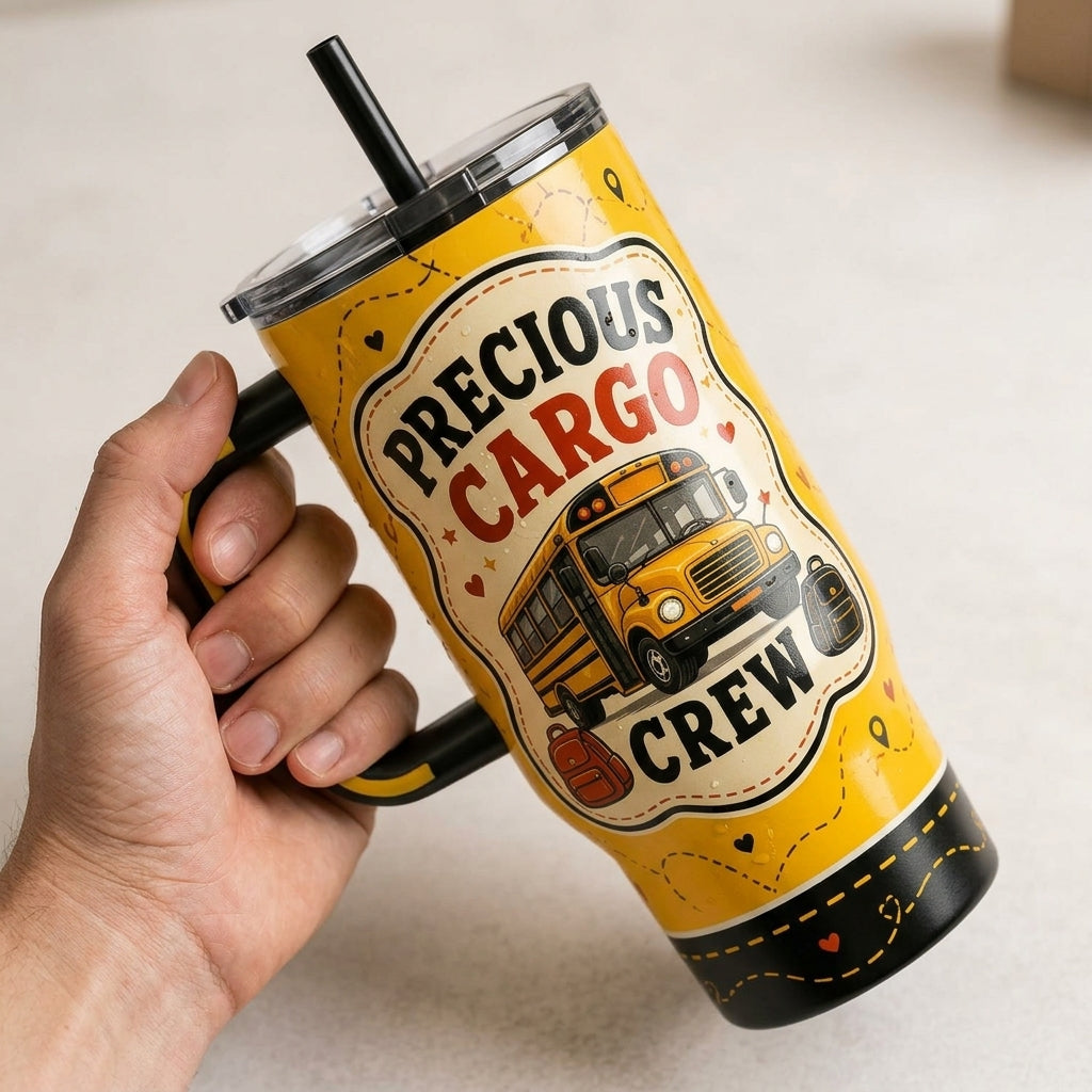 Personalized School Bus Driver Gift 40oz Tumbler with Handle - Precious Cargo Crew Design - Custom Route Number