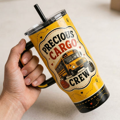 Personalized School Bus Driver Gift 40oz Tumbler with Handle - Precious Cargo Crew Design - Custom Route Number