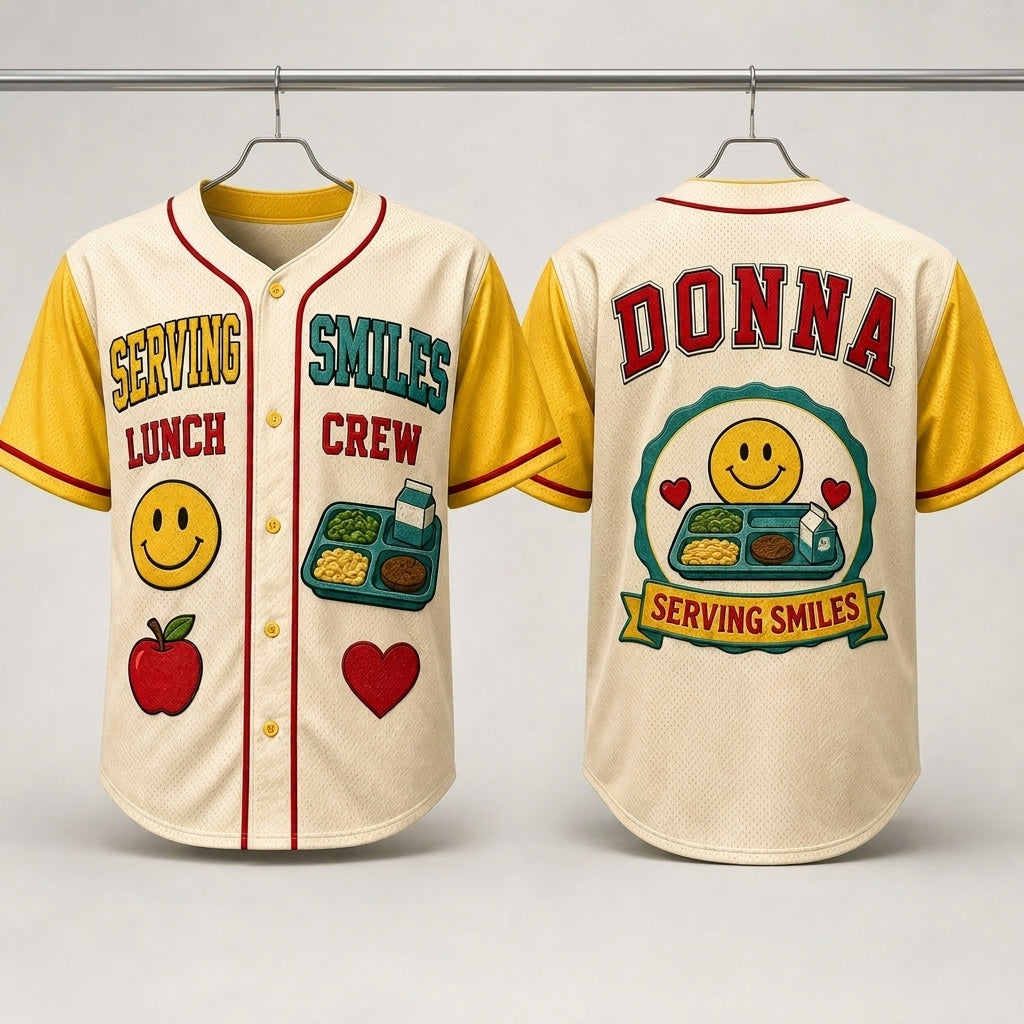 Personalized Serving Smiles Lunch Crew Baseball Jersey - Custom Name School Cafeteria Worker Gift