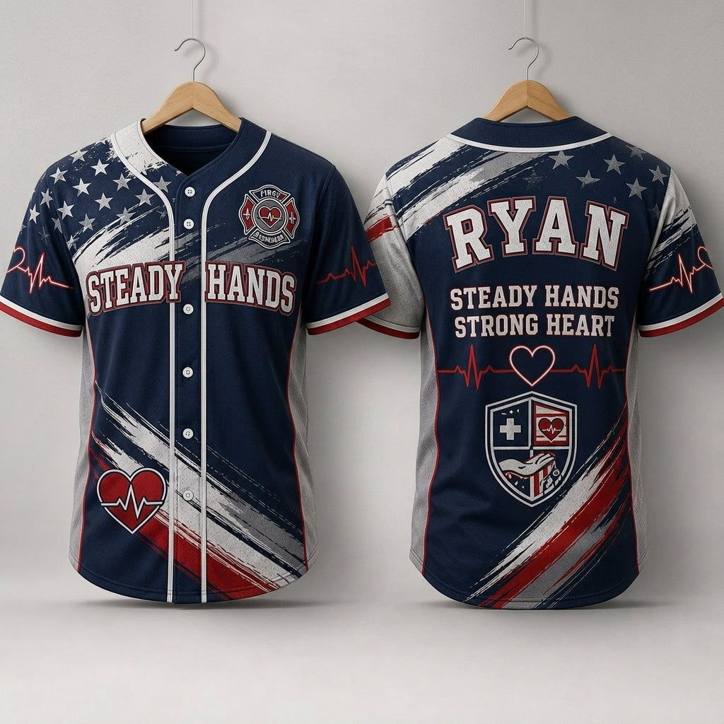 Personalized First Responder Baseball Jersey - Custom Name Steady Hands Strong Heart Patriotic EMS Sportswear