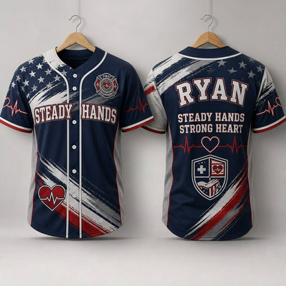 Personalized First Responder Baseball Jersey - Custom Name Steady Hands Strong Heart Patriotic EMS Sportswear