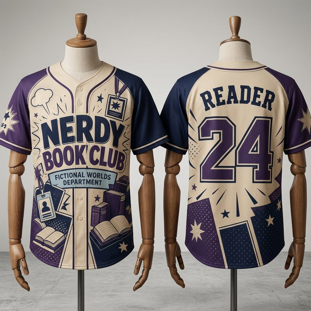 Personalized Nerdy Book Club Baseball Jersey - Custom Name and Number Fictional Worlds Reader Gift