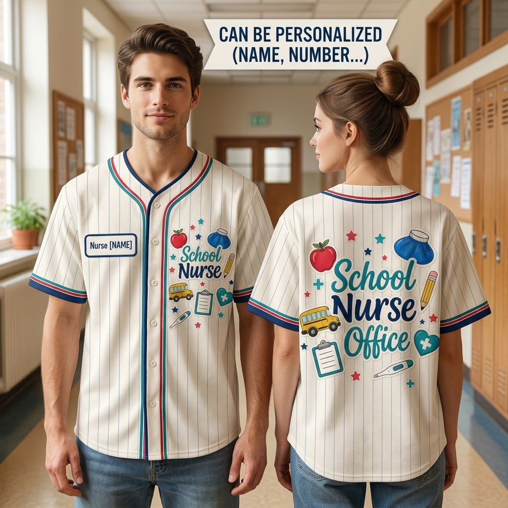 Personalized School Nurse Office Baseball Jersey - Custom Name Button Up Shirt for School Nursing Staff & Health Heroes