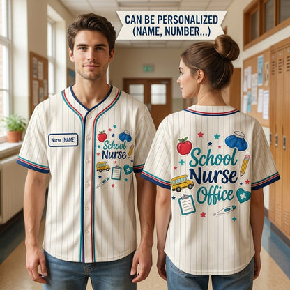 Personalized School Nurse Office Baseball Jersey - Custom Name Button Up Shirt for School Nursing Staff & Health Heroes