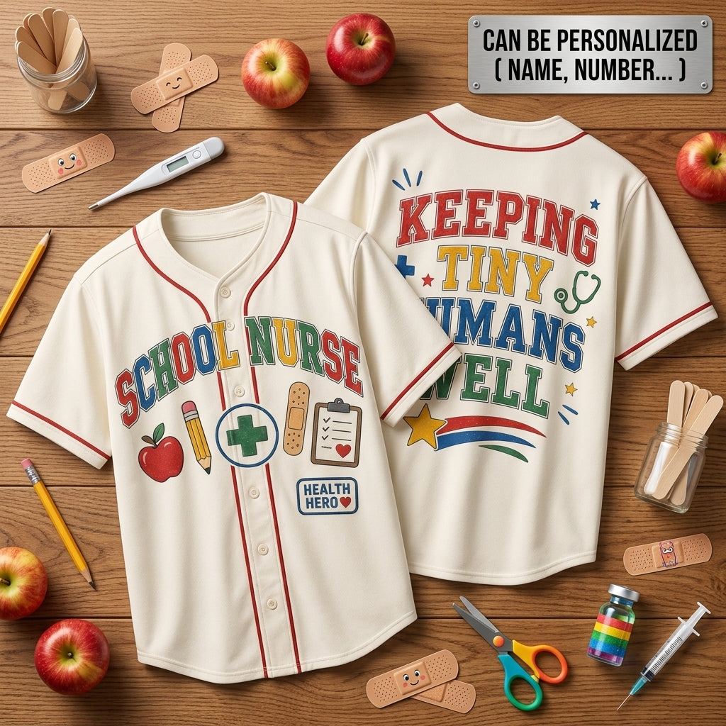 Personalized School Nurse Baseball Jersey - Keeping Tiny Humans Well Athletic Shirt - Health Hero Gift