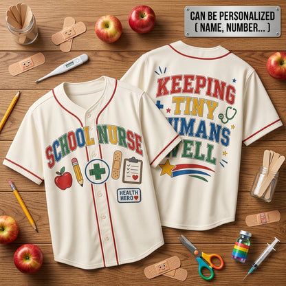 Personalized School Nurse Baseball Jersey - Keeping Tiny Humans Well Athletic Shirt - Health Hero Gift