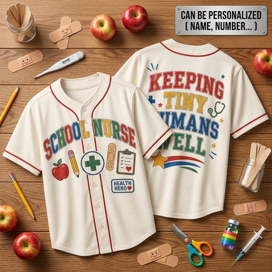 Personalized School Nurse Baseball Jersey - Keeping Tiny Humans Well Athletic Shirt - Health Hero Gift