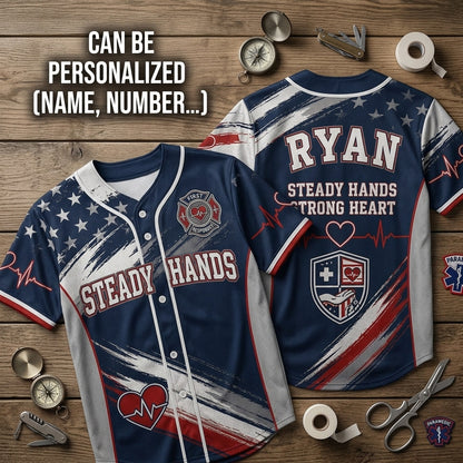 Personalized First Responder Baseball Jersey - Custom Name Steady Hands Strong Heart Patriotic EMS Sportswear