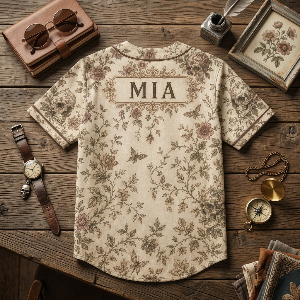 Personalized Bloom & Bones Vintage Gothic Skull and Floral Baseball Jersey - Custom Name Aesthetic Sportswear