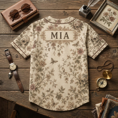 Personalized Bloom & Bones Vintage Gothic Skull and Floral Baseball Jersey - Custom Name Aesthetic Sportswear