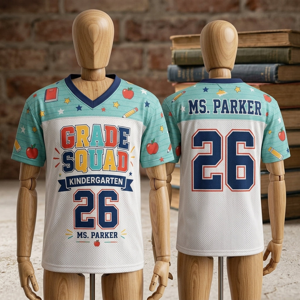 Personalized Kindergarten Grade Squad Mesh Football Jersey - Custom Teacher Name and Number