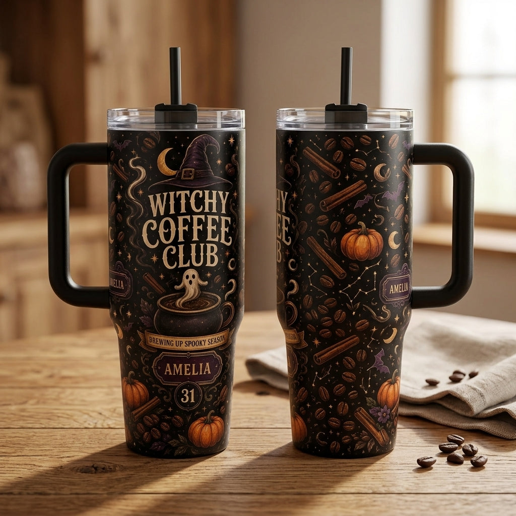 Personalized Witchy Coffee Club 40oz Tumbler with Handle - Custom Halloween Name & Age Gift