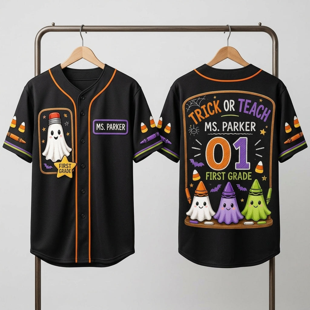 Personalized Trick or Teach Teacher Baseball Jersey - Custom Name & Grade Halloween Ghost Crayon Jersey