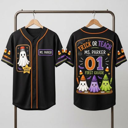 Personalized Trick or Teach Teacher Baseball Jersey - Custom Name & Grade Halloween Ghost Crayon Jersey