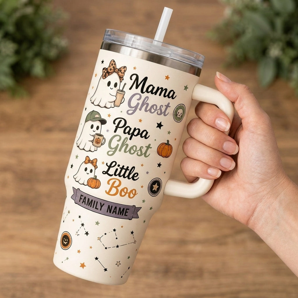 Personalized Family Boo Crew 40oz Tumbler with Handle - Custom Name Halloween Ghost Mama Papa Little Boo Cup