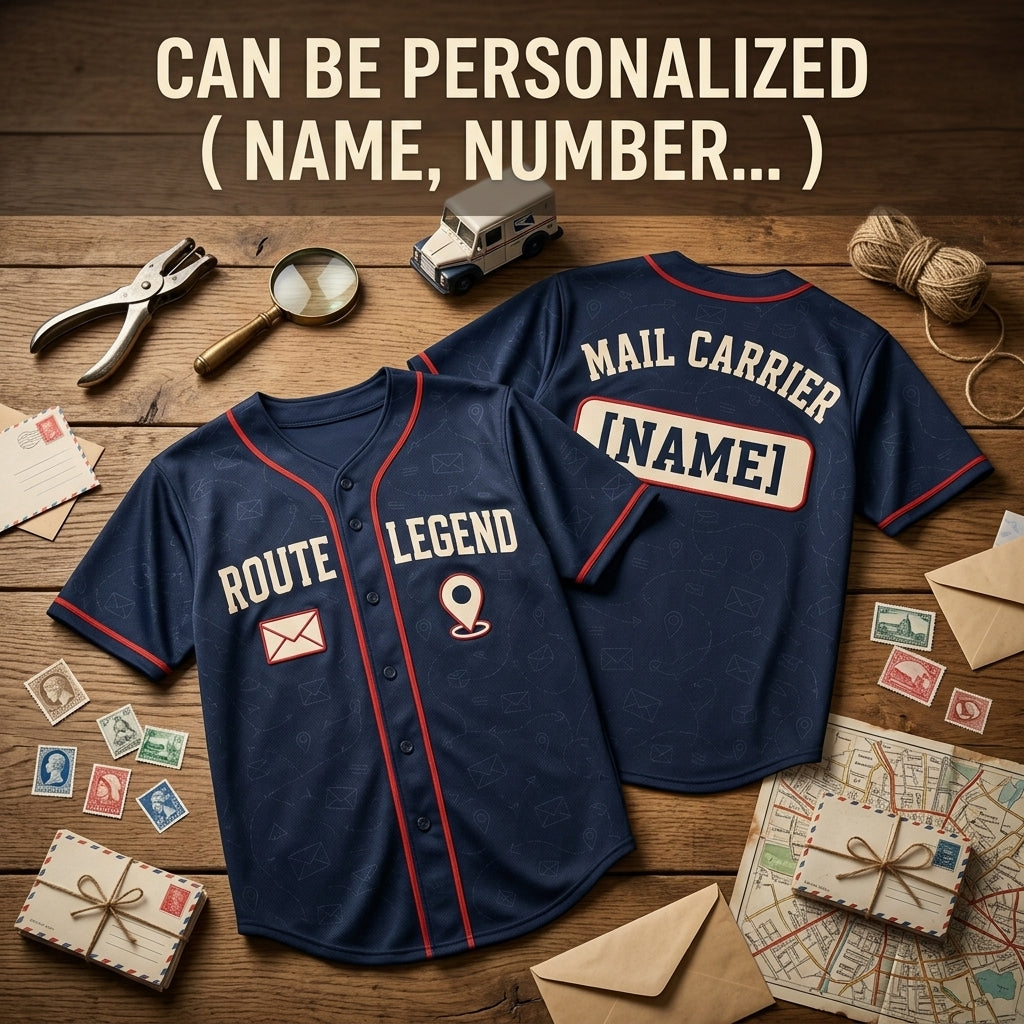 Personalized Route Legend Mail Carrier Baseball Jersey - Custom Name Postal Worker Navy Shirt
