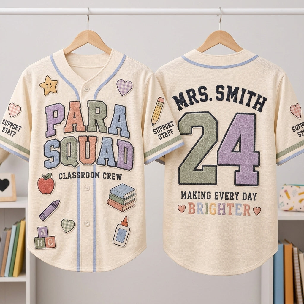 Personalized Para Squad Baseball Jersey - Custom Name & Number Teacher Classroom Crew Shirt - School Support Staff Gift