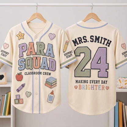 Personalized Para Squad Baseball Jersey - Custom Name & Number Teacher Classroom Crew Shirt - School Support Staff Gift