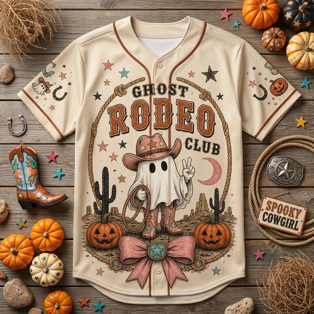 Personalized Spooky Cowgirl Ghost Rodeo Club Baseball Jersey - Custom Name & Number Halloween Western Outfit product view 4