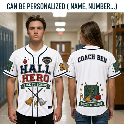 Personalized Hall Hero Custodian Baseball Jersey - Custom Name Back to School Gift for Janitors