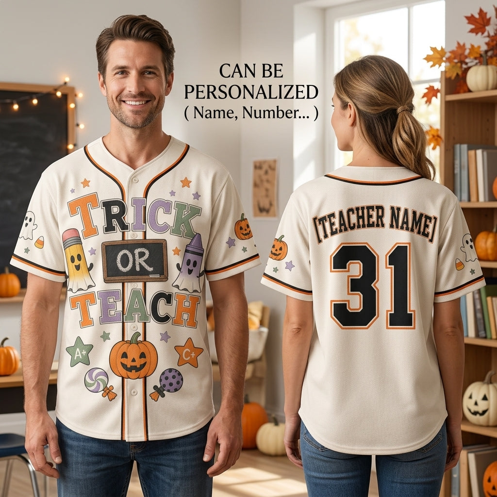Personalized Trick or Teach Halloween Baseball Jersey - Custom Name Teacher Gift Shirt