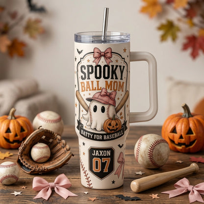 Personalized Spooky Ball Mom 40oz Tumbler with Handle - Custom Baseball Ghost Halloween Gift