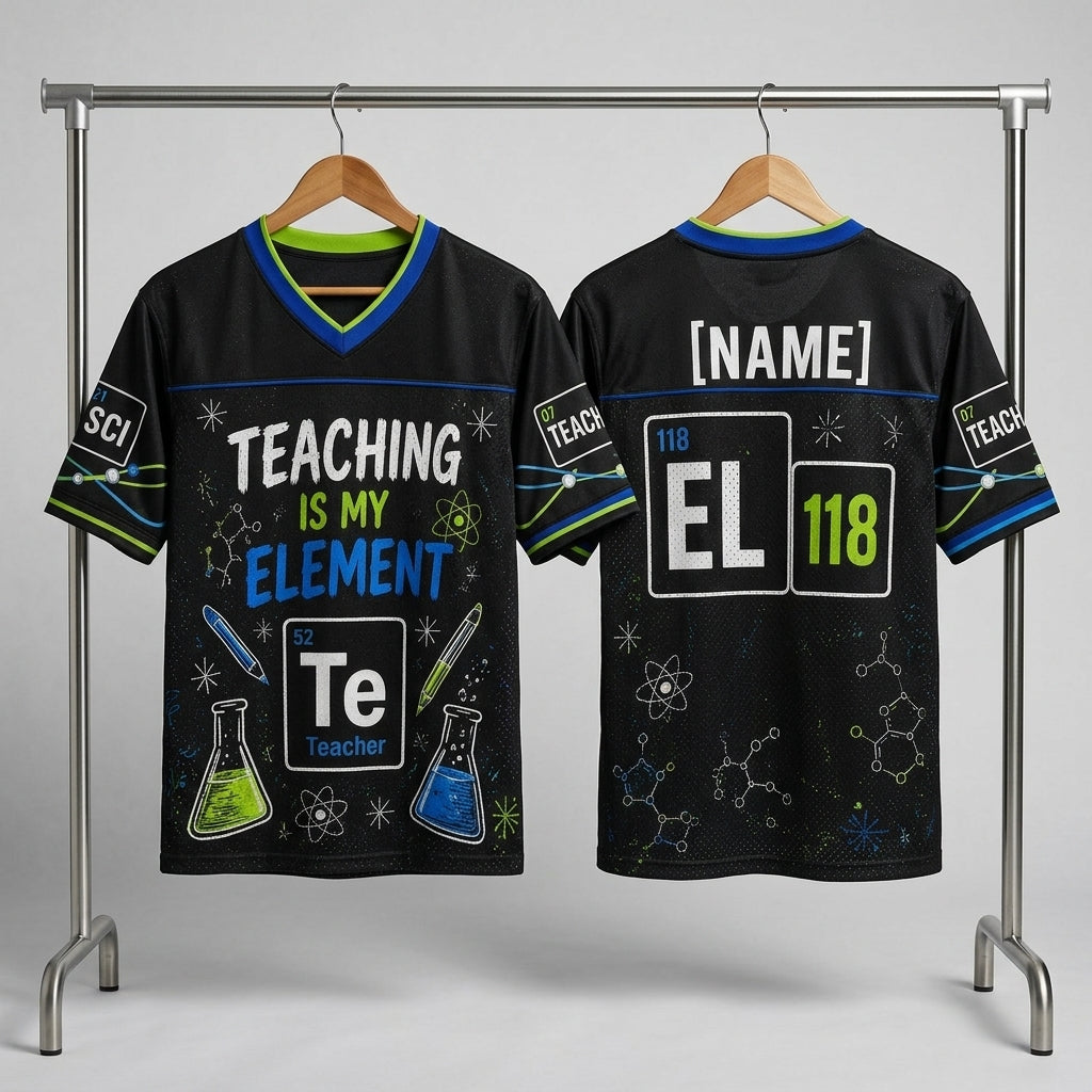 Personalized Science Teacher Football Jersey - Custom Name Teaching Is My Element Chemistry Shirt