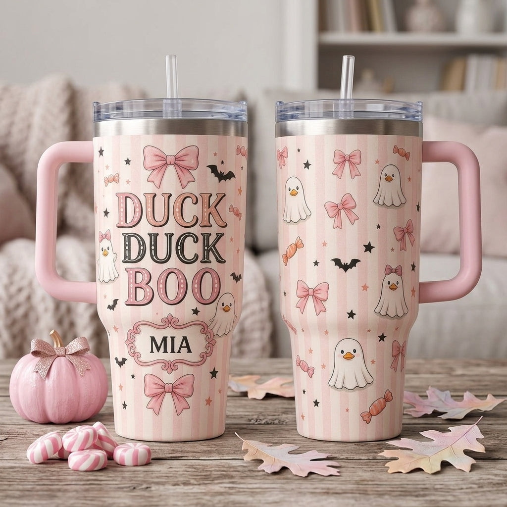 Personalized Duck Duck Boo 40oz Tumbler with Handle, Custom Coquette Ghost Duck Pink Halloween Gift