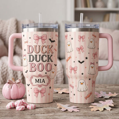 Personalized Duck Duck Boo 40oz Tumbler with Handle, Custom Coquette Ghost Duck Pink Halloween Gift