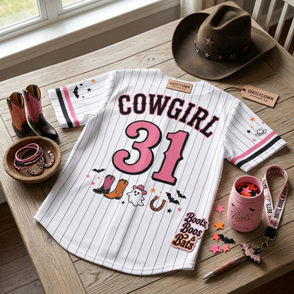 Personalized Boots Boos & Bats Halloween Baseball Jersey - Custom Cowgirl Ghost Western Baseball Shirt