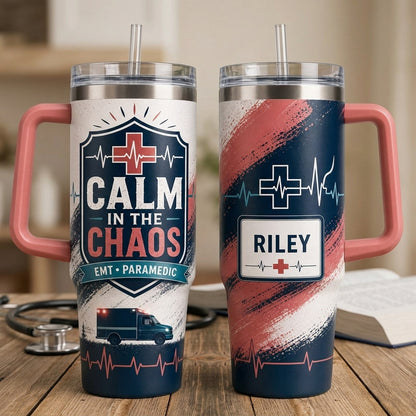 Personalized EMT Paramedic Calm in the Chaos 40oz Tumbler with Handle, Custom Name First Responder Gift product view 2