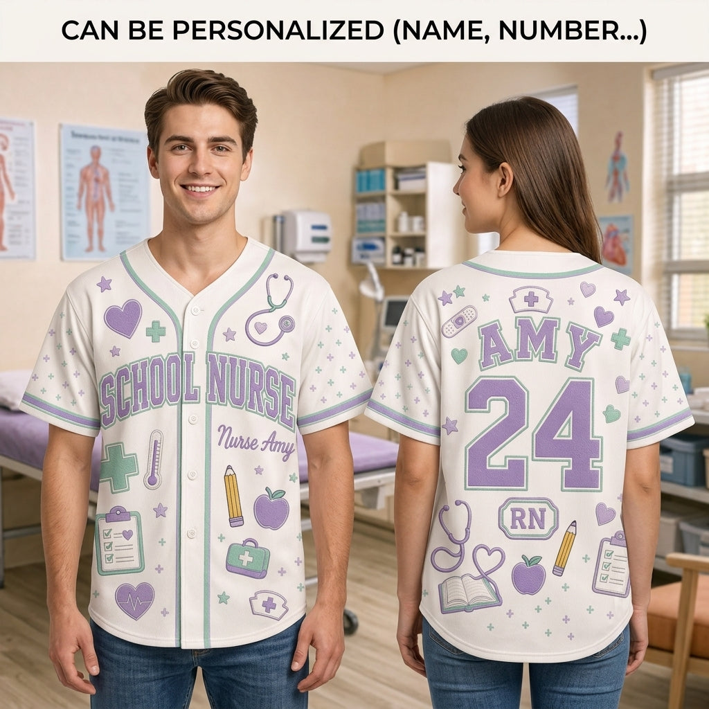 Personalized School Nurse Baseball Jersey - Custom Name & Number RN Gift