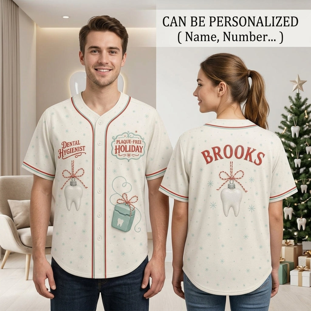 Personalized Dental Hygienist Christmas Baseball Jersey - Custom Name Plaque-Free Holiday Shirt
