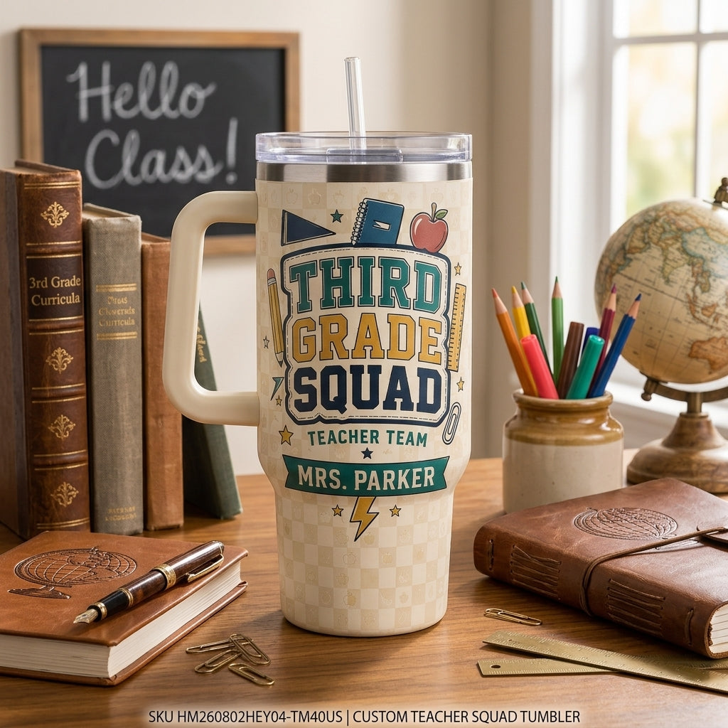 Personalized Third Grade Squad Teacher 40oz Tumbler with Handle - Custom Name Gift for Educators